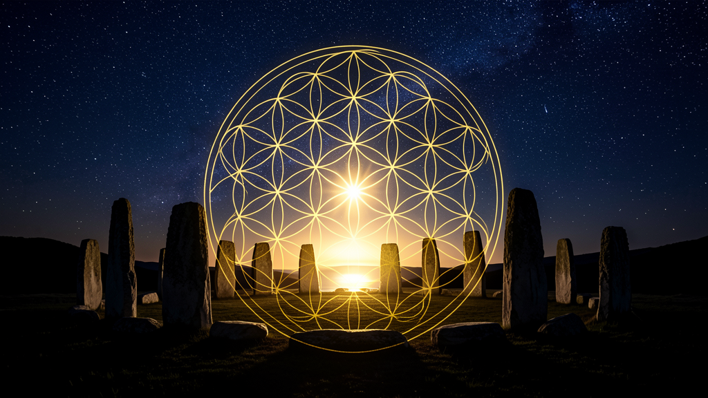 A luminous golden Flower of Life lattice over an ancient stone circle at twilight, the setting sun burning through the center