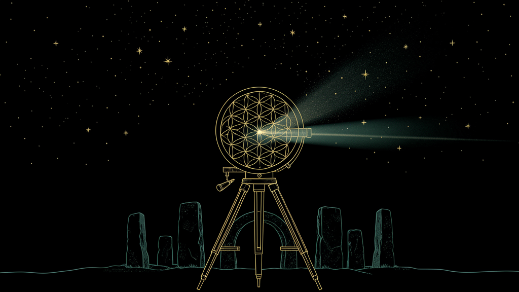 A golden line-art astronomical sighting instrument crossed with a faint Flower-of-Life lattice, catching a thin beam of starlight over a silhouette of standing stones, against deep black