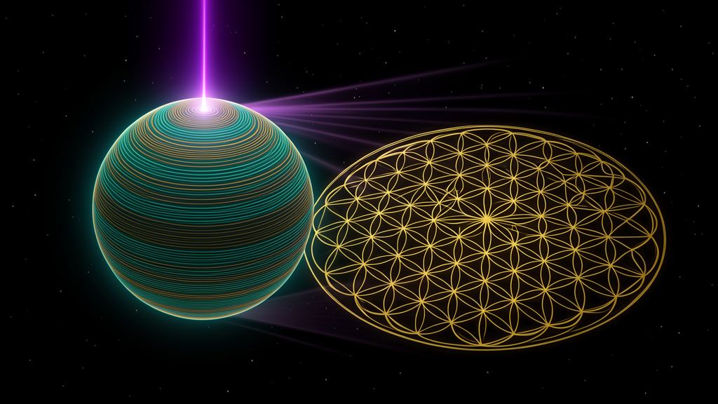 A glowing teal-and-gold sphere with a violet polar axis on the left, unfurling into a flat golden Flower of Life on the right, on deep black with faint stars.