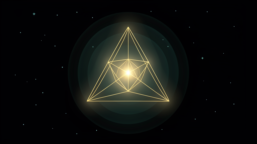 A four-dimensional simplex — the hypertetrahedron — rendered as gold wireframe on a starry black field: four outer vertices forming a tetrahedron with a brighter fifth vertex glowing at the center