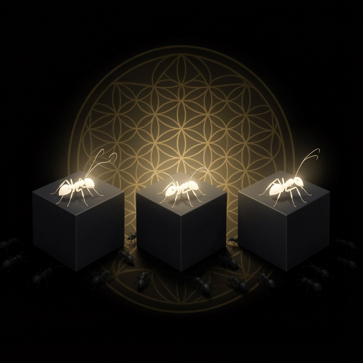 Three dark boxes in a row, a single luminous white ant emerging first from each, over a faint golden Flower of Life on a near-black field.