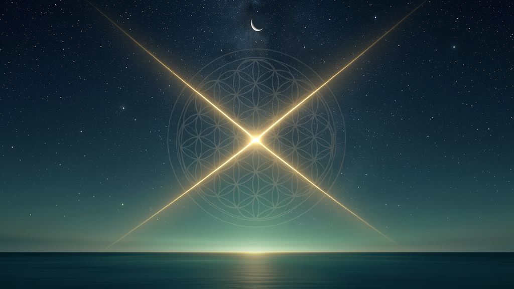 The Moon's tilted orbit and the Sun's ecliptic shown as two luminous rings crossing at the lunar nodes, over a starfield dissolving into Flower-of-Life geometry