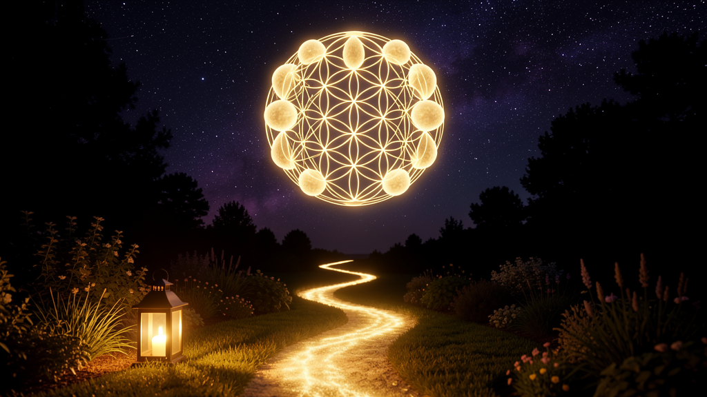 A single path of golden light winding from a warm, lantern-lit garden up toward a vast luminous Flower-of-Life sphere in a starlit sky.