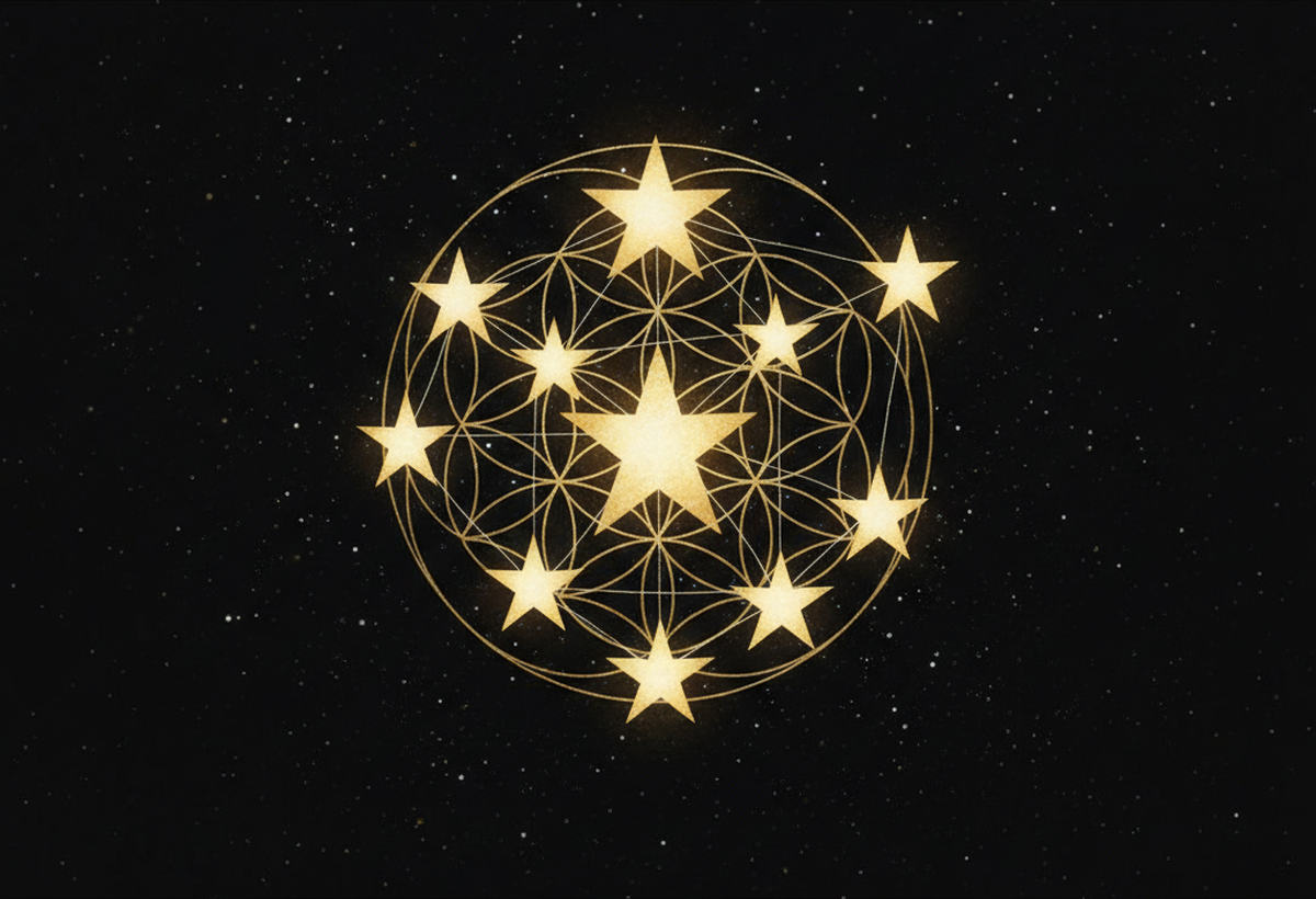 Nine gold stars gathered into a constellation over a glowing golden Flower of Life, on a deep black starfield.