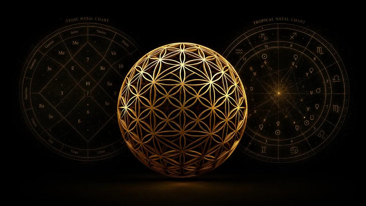 A golden Flower of Life sphere at center, flanked by a Vedic natal chart on the left and a Tropical natal chart on the right — the two zodiacs held apart and coupled at a single point.