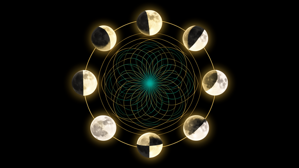 The eight lunar phases arranged as a luminous gold ring against deep black, surrounding a central field-interference disc in teal and gold