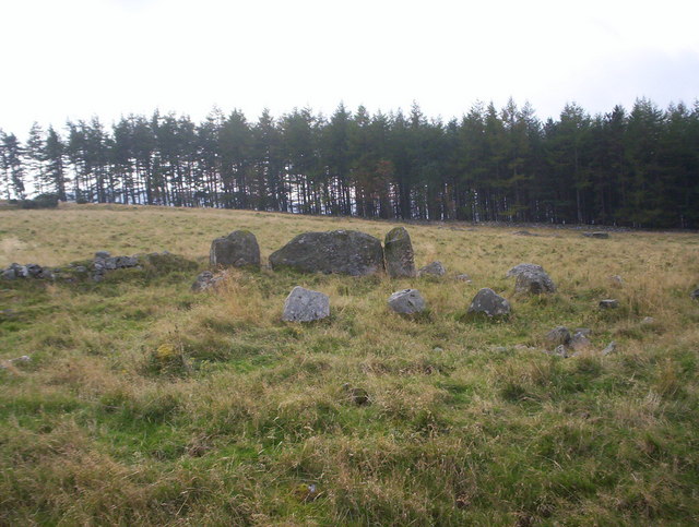 A Scottish recumbent stone circle in Aberdeenshire — a massive stone laid on its side, flanked by two tall uprights, framing the southern horizon