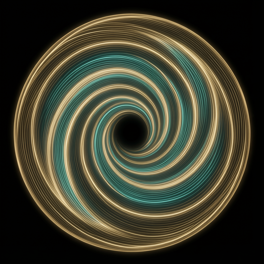 An abstract interference-field disc whose gold and teal bands spiral around a dark, still center — a vortex