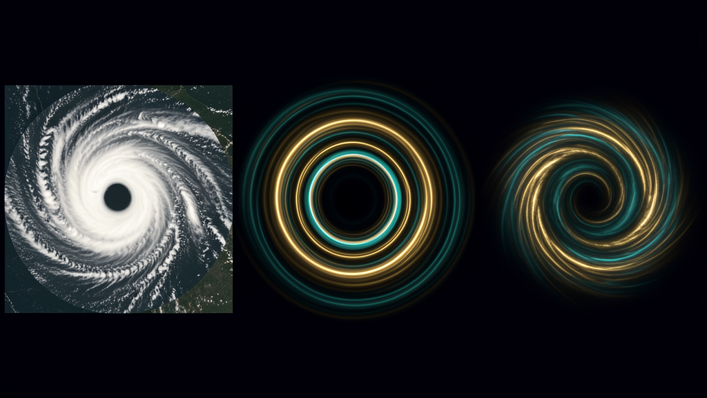A hurricane from space, a corkscrew of laser light, and a spiral vortex in a field — the same whirlpool structure at three scales.