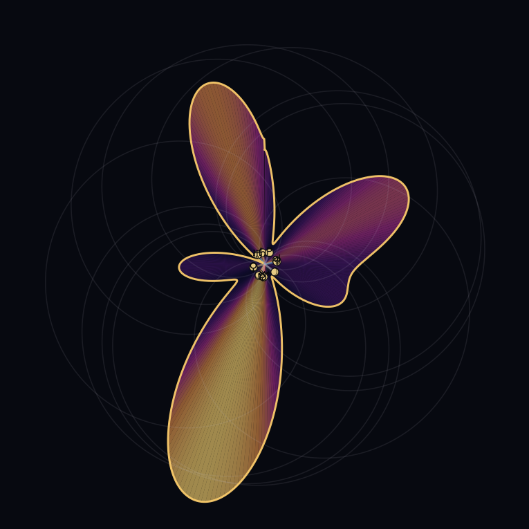 Marley's interference field: a six-lobed rosette with the ten phasor waves behind.