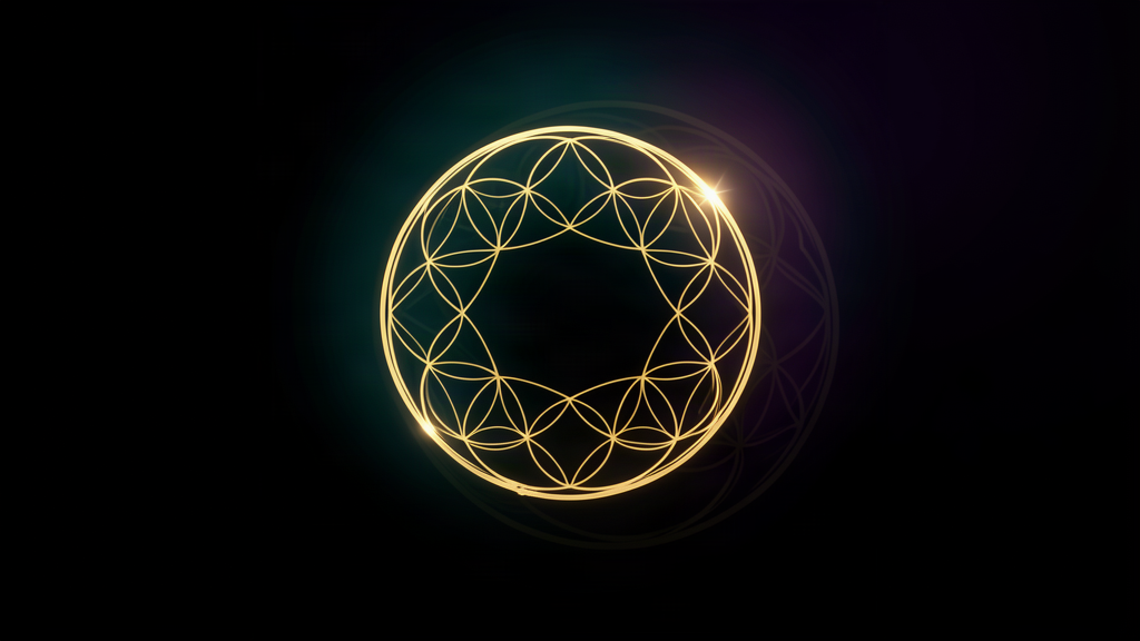 A single luminous golden Flower-of-Life ring on deep black, with a faint second ghost-ring beside it — an instrument being refined.